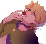  1boy 723_(tobi) bangs blonde_hair earrings food fruit green_jacket hair_between_eyes holding holding_food jacket jewelry jojo_no_kimyou_na_bouken long_hair long_sleeves looking_at_viewer necktie pannacotta_fugo purple_eyes purple_necktie simple_background solo strawberry teeth twitter_username vento_aureo white_background 