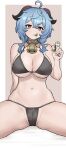  1girl :t absurdres ahoge bangs bell bikini black_bikini blue_hair breasts cameltoe chroong eating_flower eyebrows_visible_through_hair flower flower_in_mouth ganyu_(genshin_impact) genshin_impact highres holding holding_flower horns large_breasts looking_at_viewer navel neck_bell pelvic_curtain qingxin_flower sidelocks sitting skindentation solo spread_legs swimsuit white_background white_flower yellow_eyes 