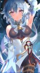  1girl :o arm_at_side arm_up armpits bell black_legwear blue_hair blue_theme bodysuit breasts covered_navel cowboy_shot detached_sleeves eyebrows_visible_through_hair ganyu_(genshin_impact) genshin_impact hair_between_eyes hair_over_breasts highres horns ice_crystal long_hair looking_at_viewer medium_breasts moco_(moco_michi) neck_bell open_mouth parted_lips purple_eyes sidelocks skin_tight solo standing 