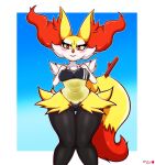  anthro blush braixen breasts clothing dipstick_tail female freckles gris_swimsuit hi_res inner_ear_fluff mahoxy markings nintendo pok&eacute;mon pok&eacute;mon_(species) simple_background smile solo standing swimwear tail_markings thigh_gap tuft video_games wide_hips 