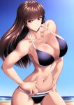  1girl absurdres bangs beach bikini blue_bikini blue_sky blunt_bangs breasts brown_eyes brown_hair clear_sky cleavage closed_mouth commentary_request cowboy_shot eyebrows_visible_through_hair girls_und_panzer half-closed_eyes halterneck hands_on_hips highres horizon large_breasts long_hair looking_at_viewer mature_female miraino_tsubasa navel nishizumi_shiho ocean partial_commentary sky smile solo standing straight_hair swimsuit wind 