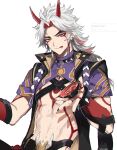  1boy abs arataki_itto armlet artist_name belt bishounen collar cup genshin_impact highres horns male_focus oni oni_horns orange_eyes red_horns sakazuki spiked_armlet spiked_collar spikes tongue tongue_out ueauwa upper_body vision_(genshin_impact) white_hair 