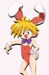  1girl animal_ears bangs blonde_hair bow bowtie contrapposto drop_shadow eyebrows_visible_through_hair fake_animal_ears fake_tail feet_out_of_frame flat_chest hand_on_hip keiou_yuugekitai leotard nanahikari_rami non-web_source open_mouth outstretched_arm photoshop_(medium) playboy_bunny pointing pointing_down rabbit_ears red_leotard short_hair simple_background solo strapless strapless_leotard tail wrist_cuffs 