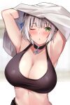  1girl ;o absurdres akazawa_kureha armpits arms_up blush breasts cleavage commentary_request green_eyes grey_eyes highres hololive large_breasts looking_at_viewer one_eye_closed open_mouth shirogane_noel short_hair snowflake_choker solo sports_bra undressing upper_body virtual_youtuber 