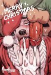  anthro balls blush bodily_fluids canid canine canis christmas cum cum_in_mouth cum_inside cum_on_penis cumshot domestic_dog ejaculation english_text genital_fluids genitals group hi_res holidays male male/male mammal meesh musk penis penis_on_face steam sweat text tongue 