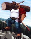  4:5 anthro antlers axe beard belt body_hair bottomwear bulge capreoline cervid chest_hair clothing denim denim_clothing dream_and_nightmare facial_hair forest hi_res hooves horn jeans log lumberjack male mammal melee_weapon moose musclegut nipple_outline pants plant rock shirt solo topwear tree weapon wood 