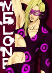  arm_up armpits black_gloves blonde_hair collarbone gloves hand_on_head hand_on_own_face highres jojo_no_kimyou_na_bouken looking_at_viewer mask melone navel paint_splatter red_background splatter vento_aureo yellow_eyes 