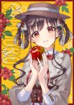 1girl apple boater_hat braid brown_hair commentary_request food fruit grapes hair_ribbon hair_rings highres holding holding_food holding_fruit idolmaster idolmaster_shiny_colors iku2727 long_hair looking_at_viewer neck_ribbon ribbon solo sonoda_chiyoko upper_body yellow_background 