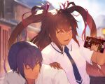  1boy 1girl action_taimanin between_breasts blue_hair blue_necktie blue_pupils blue_sky blurry blurry_background blush breasts character_request cloud dark-skinned_female dark_skin eyebrows_visible_through_hair eyelashes fingernails hair_between_eyes hair_ribbon hand_on_another&#039;s_shoulder holding holding_phone light_rays long_hair mountain necktie necktie_between_breasts one_eye_closed open_mouth parted_lips phone pink_eyes pink_nails purple_ribbon ribbon skirt sky smile sweat take_no_ko_(dodon) teeth tongue twintails yellow_eyes 