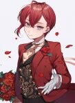  1boy ahoge blue_eyes flower formal gloves heart highres kenpin looking_at_viewer looking_to_the_side necktie pale_skin petals reaching_out red_hair riddle_rosehearts rose solo twisted_wonderland 