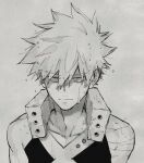  1boy adam&#039;s_apple bakugou_katsuki bangs boku_no_hero_academia collarbone costume expressionless eyebrows_visible_through_hair greyscale hair_between_eyes long_bangs looking_at_viewer male_focus monochrome short_hair simple_background sketch sleeveless solo spiked_hair straight-on sweat sweatdrop sweating_profusely toned toned_male upper_body ura_musi 