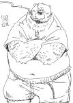  2018 anthro bottomwear clothing kemono male mammal monochrome overweight overweight_male shirt shorts simple_background smoking solo topwear totemoii_029 ursid white_background 