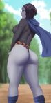  1girl absurdres artist_name ass belt breasts cape cloud cloudy_sky colored_skin commentary dc_comics english_commentary forehead_jewel grey_skin highres leotard looking_at_viewer medium_breasts mosaic_background outdoors purple_eyes purple_hair raven_(dc) sauvagex short_hair sky solo teen_titans thighs tree watermark 