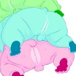  2017 anthro anus balls big_butt blue_body butt genitals green_body group kemono lying male mammal overweight overweight_male pink_body simple_background totemoii_029 ursid white_background 