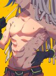  1boy abs belt blue_hair galo_thymos gloves grin groin hand_on_hip head_out_of_frame highres jonya male_focus matoi muscular muscular_male out_of_frame pants pectorals promare red_pants smile solo sweat topless_male yellow_background 