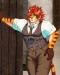  4:5 abs anthro artificalarthur clothing felid fur gloves hair handwear hi_res leaning_on_wall lifewonders male mammal muscular muscular_anthro muscular_male necktie nomad_(tas) pantherine pecs pinstripes red_hair solo striped_body striped_fur stripes tiger tokyo_afterschool_summoners topwear vest video_games 