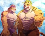  abs absurd_res accessory anthro biceps blush clothed clothing duo erection erection_under_clothing felid hair hayataohalada headband hi_res lifewonders magan male mammal muscular muscular_anthro muscular_male nipples nomad_(tas) pantherine pecs ponytail speedo swimwear tiger tokyo_afterschool_summoners video_games 