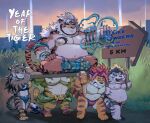  abs anthro belly carrying chinese_zodiac clothing durga eruprior felid female group hombretigre humor licho_(tas) lifewonders magan male mammal muscular muscular_anthro muscular_male navel nipples nomad_(tas) overweight palanquin pantherine pecs speedo swimwear tiger tokyo_afterschool_summoners video_games year_of_the_tiger 