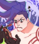  1boy applying_makeup blue_hair compact_(cosmetics) concentrating eyeliner galo_thymos gloves highres jonya makeup makeup_brush male_focus promare sidecut solo spiked_hair 