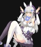  1girl animal_ears asymmetrical_legwear black_legwear breasts choker cross_hair_ornament detached_sleeves dress flower_choker garter_straps girls&#039;_frontline green_eyes hair_ornament highres hk416_(girls&#039;_frontline) hk416_(herbal-flavored_hard_candy)_(girls&#039;_frontline) koenza_botoke long_hair long_sleeves medium_breasts mismatched_legwear official_alternate_costume rabbit_ears short_dress silver_hair solo teardrop_facial_mark teardrop_tattoo thighhighs white_dress white_legwear white_sleeves 