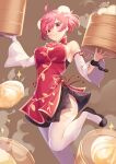  1girl ahoge amano_hagoromo bare_shoulders blush bun_cover detached_sleeves double_bun foot_out_of_frame gold_trim highres ibaraki_kasen looking_at_viewer pink_eyes pink_hair simple_background solo sparkle standing standing_on_one_leg tabard thighhighs touhou white_legwear 