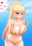  1girl absurdres arm_behind_back ass_visible_through_thighs bangs bare_shoulders bikini blonde_hair blue_eyes blue_sky blush braid breasts cleavage closed_mouth cloud collarbone commentary cowboy_shot darkness_(konosuba) day english_commentary eyebrows_visible_through_hair hair_between_eyes hair_ornament heart high_ponytail highres kono_subarashii_sekai_ni_shukufuku_wo! large_breasts leaning_forward long_hair looking_at_viewer navel one_eye_closed outdoors pulled_by_self shiny shiny_hair side-tie_bikini skindentation sky solo strap_pull string_bikini swimsuit the_only_shoe thigh_gap thought_bubble wide_hips x_hair_ornament yellow_bikini 
