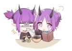  2girls :o arknights bangs black_jacket black_shirt blue_shirt blush_stickers book bowl chibi collared_shirt eyebrows_visible_through_hair feeding hair_bun hibiscus_(arknights) holding holding_book holding_spoon horns jacket lava_(arknights) layered_sleeves long_sleeves multiple_girls open_book open_mouth parted_bangs pointy_ears purple_eyes purple_hair shirt short_over_long_sleeves short_sleeves siblings simple_background sisters spikes spoon sweat toufu_mentaru_zabuton turn_pale twintails white_background 
