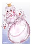  1girl bangs blush boo_(mario) border breasts cleavage commission dress earrings eyebrows_visible_through_hair full_body gloves jewelry large_breasts mario_(series) pale_skin pointy_ears princess_king_boo purple_eyes red_eyes sharp_teeth super_crown teeth tongue tongue_out virus-g white_border white_dress white_gloves white_hair 
