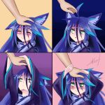  1:1 2017 :3 ambiguous_gender animal_humanoid blue_ears blue_hair blush clothed clothing comic duo eyes_closed fingernails fully_clothed green_eyes hair hand_on_hand hand_on_wrist head_pat humanoid looking_up mammal mammal_humanoid monster_girl_(genre) monster_girl_encyclopedia multicolored_hair nails raiju_(mge) signature smile valldor wrist_grab 