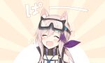  1girl :d ^_^ animal_ear_fluff animal_ears arknights bangs blush character_request closed_eyes eyebrows_visible_through_hair facing_viewer grey_hair hair_between_eyes hair_ribbon long_hair multicolored_hair purple_hair purple_ribbon ribbon smile solo sparkle streaked_hair sunburst sunburst_background toufu_mentaru_zabuton translation_request upper_body 