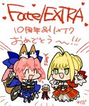  1boy 2girls ahoge animal_ear_fluff animal_ears archer_(fate) bangs blonde_hair blue_bow blue_kimono blue_legwear bow braid chibi clenched_hands closed_eyes closed_mouth commentary_request dark-skinned_male dark_skin detached_sleeves dress eyebrows_visible_through_hair fate/extra fate_(series) fox_ears fox_girl fox_tail french_braid hair_bow hair_bun hair_intakes heart japanese_clothes kimono light_blush multiple_girls nero_claudius_(fate) nero_claudius_(fate/extra) obi open_mouth pink_hair red_bow red_dress sash sidelocks simple_background smile sparkle split_ponytail standing standing_on_one_leg tail tamamo_(fate) tamamo_no_mae_(fate/extra) teeth thighhighs translation_request v wada_arco white_background white_hair wide_sleeves zettai_ryouiki 