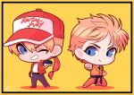  2boys blonde_hair blue_eyes chibi fatal_fury fatal_fury_cap fingerless_gloves gloves highres jacket multiple_boys ponytail ryou_sakazaki ryuuko_no_ken sudachi0315 terry_bogard 