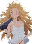  1girl bare_shoulders blonde_hair blush breasts closed_eyes closed_mouth collarbone drying drying_hair fate/apocrypha fate_(series) hair_dryer highres holding holding_hair_dryer long_hair mordred_(fate) mordred_(fate/apocrypha) navel small_breasts smile solo tank_top tonee white_tank_top 
