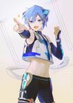  1boy :d absurdres animal_ears armpits beileimao blue_eyes blue_hair cat_boy cat_ears cowlick detached_sleeves fake_animal_ears fake_tail hands_up highres kaito_(vocaloid) male_focus midriff navel neko_cyber pointing pointing_forward short_hair shorts smile solo tail vocaloid 