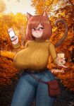  animal_humanoid big_breasts bottomwear breasts brown_hair cat_humanoid cellphone clothed clothing felid felid_humanoid feline feline_humanoid female hair hi_res holding_cellphone holding_object holding_phone huge_breasts humanoid joylewds mammal mammal_humanoid nipple_outline outside pants phone plant solo tree 