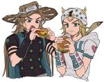  2boys :t beanie blonde_hair blue_eyes brown_hair burger cape eating food fu_r_y green_eyes gyro_zeppeli hat hood hoodie johnny_joestar jojo_no_kimyou_na_bouken light_brown_hair multiple_boys steel_ball_run 