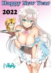  1girl 2022 apron aqua_skirt arm_garter artist_name bangs bare_shoulders bow bowtie breasts cleavage detached_collar eyebrows_visible_through_hair frilled_skirt frills gradient gradient_background green_eyes hand_on_own_thigh happy_new_year highres holding holding_tray large_breasts leaning leaning_forward long_hair maid maid_apron maid_headdress new_year original pink_background silver_hair skirt smile standing tray white_background wrist_cuffs yahiro_pochi 