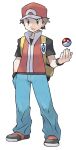  1boy absurdres backpack bag baggy_pants baseball_cap black_wristband blue_pants brown_eyes brown_hair closed_mouth frown full_body hand_in_pocket hat highres jacket male_focus official_art pants poke_ball poke_ball_(basic) pokemon pokemon_(game) pokemon_frlg red_(pokemon) red_headwear red_jacket shirt shoes short_hair sleeveless sleeveless_jacket solo spiked_hair sugimori_ken t-shirt transparent_background vs_seeker yellow_bag 