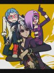  3boys black_sclera blue_eyes blue_hair carrying colored_sclera domino_mask ghiaccio glasses gloves grey_hair hair_over_one_eye hat_bobbles highres jojo_no_kimyou_na_bouken karabako male_focus mask melone multiple_boys pointing purple_hair red-framed_eyewear risotto_nero shoulder_carry vento_aureo 