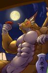  abs absurd_res alcohol anthro beverage blush claws dragon hi_res horn licking licking_lips lifewonders looking_at_viewer male moon muscular muscular_anthro muscular_male night nude ophion pecs sake_dish scales slit solo tokyo_afterschool_summoners tongue tongue_out toranoyouhei video_games wings yellow_body yellow_scales 