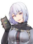  1girl absurdres among_us braid breasts cellphone girls&#039;_frontline highres holding holding_phone kaicchi long_sleeves medium_breasts phone purple_eyes rpk-16_(girls&#039;_frontline) short_hair side_braid silver_hair smartphone solo tactical_clothes upper_body white_background yellow_(among_us) 