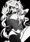  1girl asymmetrical_legwear bracer breasts circlet cleavage collar earrings eyelashes genderswap genderswap_(mtf) greyscale highres horns jewelry jojo_no_kimyou_na_bouken karabako kars_(jojo) lingerie long_hair monochrome panties single_bare_shoulder solo thighhighs underwear wavy_hair 