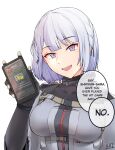  1girl absurdres among_us braid breasts cellphone english_text girls&#039;_frontline highres holding holding_phone kaicchi long_sleeves medium_breasts phone purple_eyes rpk-16_(girls&#039;_frontline) short_hair side_braid silver_hair smartphone solo speech_bubble tactical_clothes upper_body white_background yellow_(among_us) 