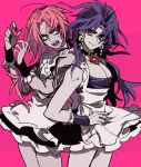  2boys alternate_costume apron battle_tendency circlet crossdressing diavolo earrings enmaided fangs highres jewelry jojo_no_kimyou_na_bouken kars_(jojo) large_pectorals long_hair maid male_focus multiple_boys pectoral_cleavage pectorals pink_hair polka_dot_hair purple_hair red_eyes red_stone_of_aja vento_aureo wavy_hair 