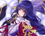  1girl biting blush braid breasts bridal_gauntlets dakimakura_(medium) eyebrows_visible_through_hair genshin_impact hair_ornament japanese_clothes kimono large_breasts looking_at_viewer looking_back nail_biting purple_eyes purple_hair purple_kimono raiden_shogun shaded_face wu_ganlan_cai 