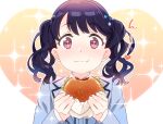  1girl black_hair blazer burger commentary_request eating flower food fukumaru_koito grey_jacket hair_flower hair_ornament idolmaster idolmaster_shiny_colors jacket looking_at_viewer purple_eyes school_uniform solo sparkle sparkling_eyes twintails upper_body yoru_(yoruyonaka) 