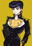  1boy anchor bag black_hair blue_eyes bookbag diamond_wa_kudakenai fu_r_y gakuran hand_in_pocket heart higashikata_josuke highres jojo_no_kimyou_na_bouken peace_symbol pompadour school_uniform solo upper_body yellow_background 