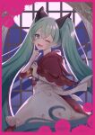  1girl ;d bad_end_night_(vocaloid) blood capelet finger_to_mouth hand_up hatsune_miku highres long_hair magu_(magupan) night one_eye_closed pink_blood shushing smile solo twintails vocaloid 