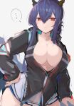  ... 1girl arknights asususususu bangs black_jacket blue_hair blush breasts ch&#039;en_(arknights) ch&#039;en_the_holungday_(arknights) cleavage collarbone cowboy_shot dragon_horns eyebrows_visible_through_hair hair_between_eyes hand_on_hip highres horns jacket large_breasts long_hair long_sleeves looking_at_viewer no_bra open_clothes open_jacket parted_lips red_eyes simple_background solo speech_bubble spoken_ellipsis track_jacket white_background 