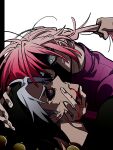  2boys black_sclera blood blood_in_mouth blood_on_face colored_sclera face_grab grabbing_another&#039;s_chin grabbing_another&#039;s_hair green_eyes grey_hair hand_on_another&#039;s_chin hat highres jojo_no_kimyou_na_bouken karabako male_focus multiple_boys pink_hair red_eyes risotto_nero shaded_face vento_aureo vinegar_doppio 